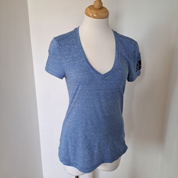 Adidas | Blue v neck women's t shirt with logo on sleeve - Picture 6 of 11
